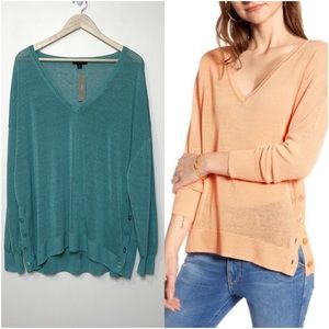 NWT J. Crew V-Neck Sweater with Side Buttons in Linen Blend